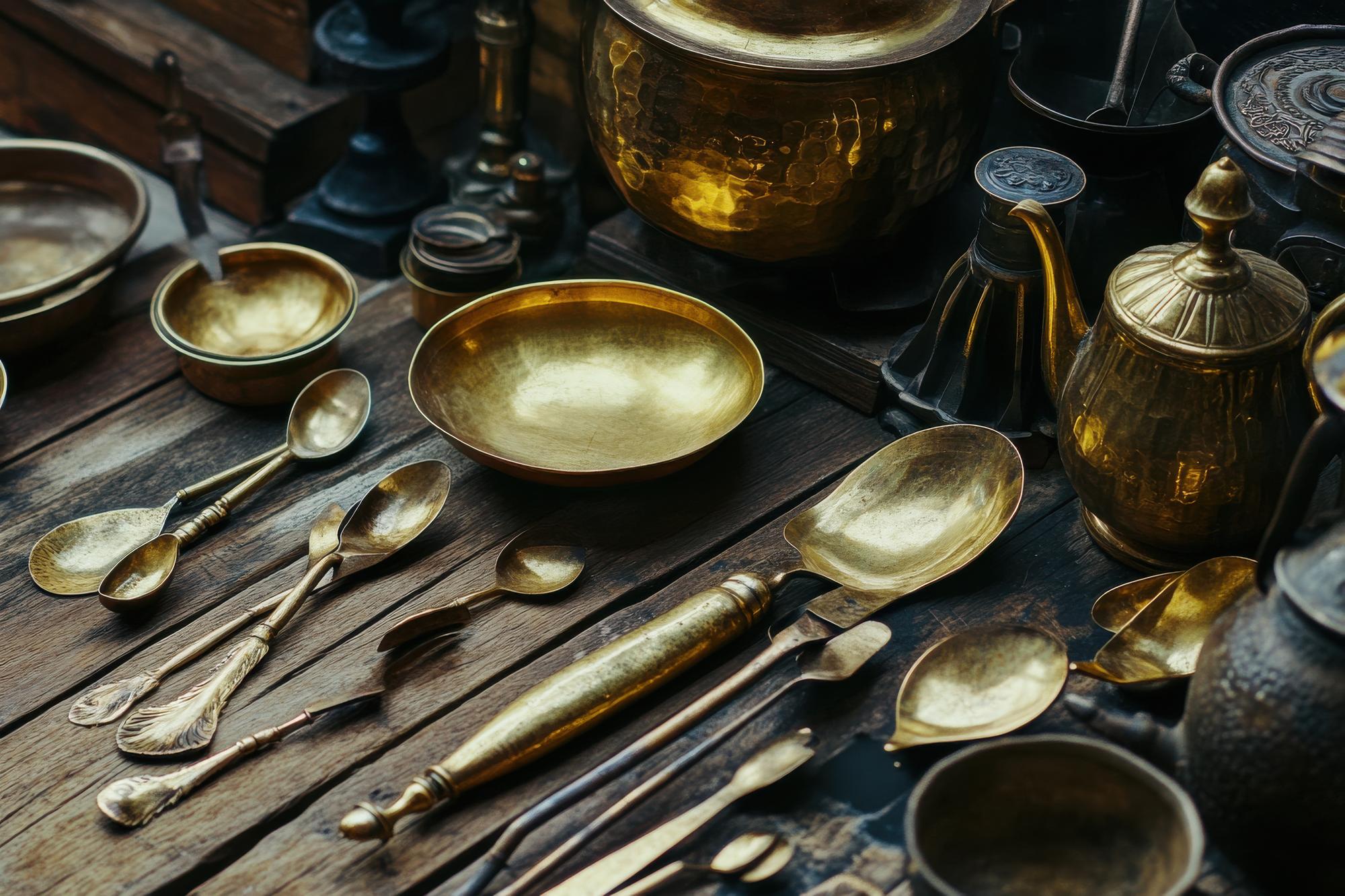 Artisan kitchen counter with plated starters and brass tools